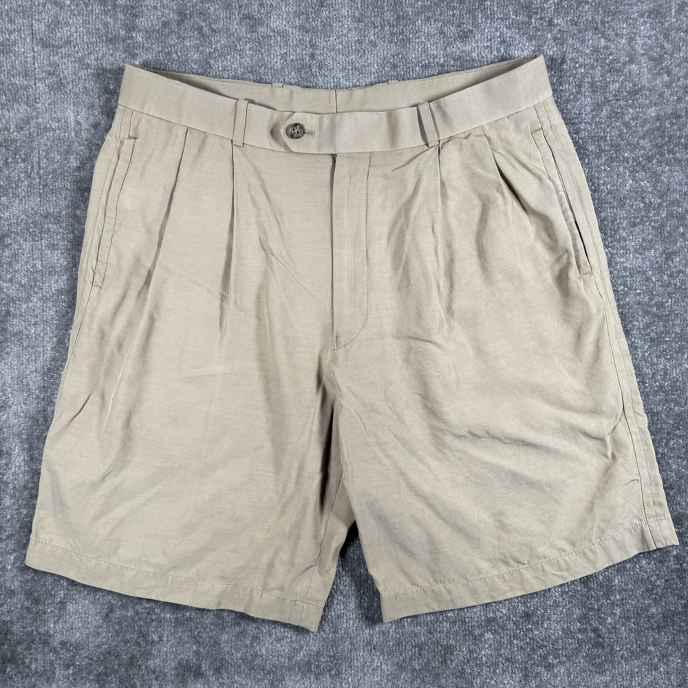 Pringle Scotland Shorts Men's 34 Beige Pleated Silk Cotton Blend